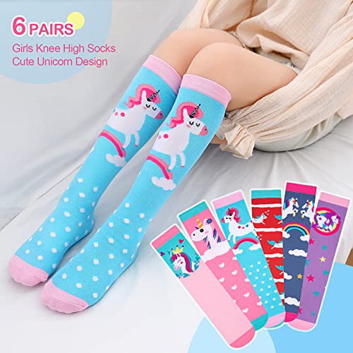 PHOGARY 6 Pares de Calcetines Hasta la Rodilla para Niña, Lindos Calcetines de Unicornio, Coloridos Calcetines Cálidos de Algodón, Calcetines Largos Pantorrilla para Niñas de 3 a 12 Años Talla Única