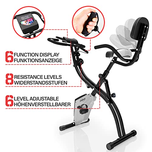 Physionics® Bicicleta Estática - Plegable, Pantalla LCD y Respaldo, Cuerdas de Tracción, 8 Niveles de Resistencia Magnética, Sillín Ajustable - Bicicleta de Fitness, para Casa, Ciclo Indoor