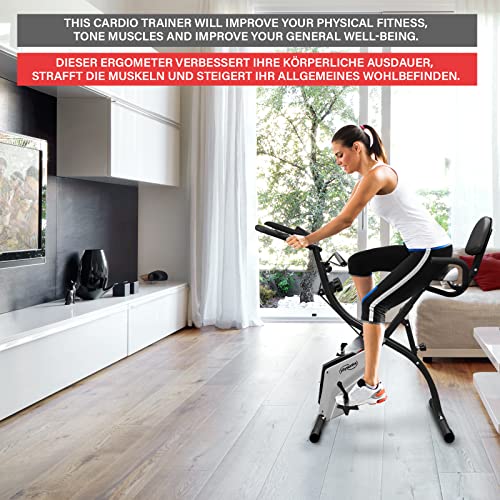 Physionics® Bicicleta Estática - Plegable, Pantalla LCD y Respaldo, Cuerdas de Tracción, 8 Niveles de Resistencia Magnética, Sillín Ajustable - Bicicleta de Fitness, para Casa, Ciclo Indoor