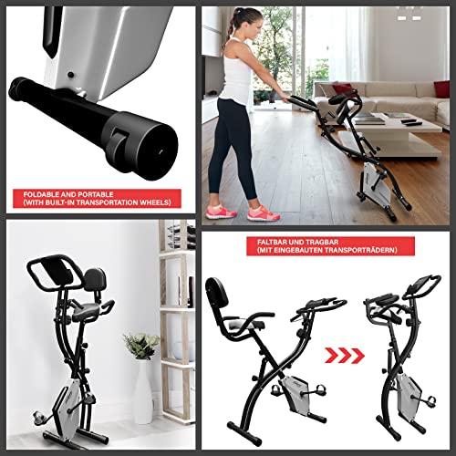 Physionics® Bicicleta Estática - Plegable, Pantalla LCD y Respaldo, Cuerdas de Tracción, 8 Niveles de Resistencia Magnética, Sillín Ajustable - Bicicleta de Fitness, para Casa, Ciclo Indoor