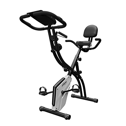 Physionics® Bicicleta Estática - Plegable, Pantalla LCD y Respaldo, Cuerdas de Tracción, 8 Niveles de Resistencia Magnética, Sillín Ajustable - Bicicleta de Fitness, para Casa, Ciclo Indoor