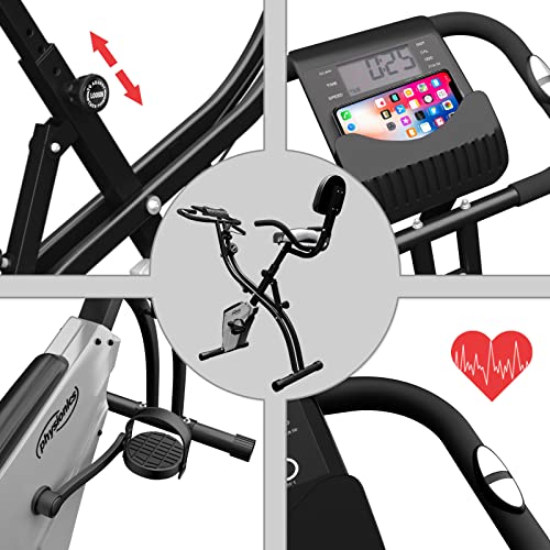 Physionics® Bicicleta Estática - Plegable, Pantalla LCD y Respaldo, Cuerdas de Tracción, 8 Niveles de Resistencia Magnética, Sillín Ajustable - Bicicleta de Fitness, para Casa, Ciclo Indoor