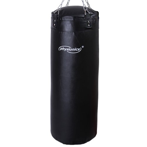 Physionics® Saco de Boxeo - Relleno, Aprox. 27 kg, A 100 cm, Ø 35 cm, con Cadenas y Mosquetón - Punching Bag, Entrenamient de Muay Thai, MMA, Sparring, Kick Boxing, Artes Marciales