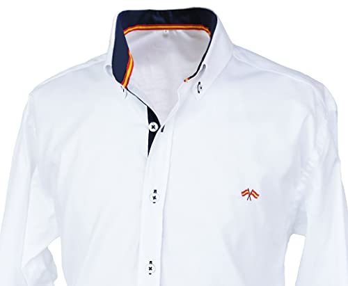 Pi2010 Camisa Bandera de España Hombre Blanca con Marino, Fabricado en España, Talla M