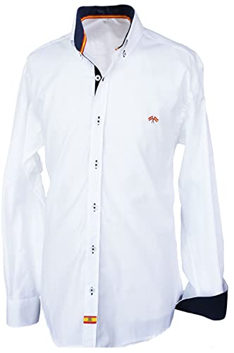 Pi2010 Camisa Bandera de España Hombre Blanca con Marino, Fabricado en España, Talla M