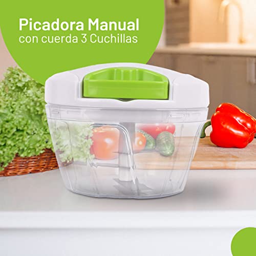 Picadora manual de alimentos con cuerda - Cuenta con 3 cuchillas en acero inoxidable - Para cortar y batir - Picador de verduras, cebolla, ajo, frutas, carne, frutos secos - 450 ml - WE HOUSEWARE