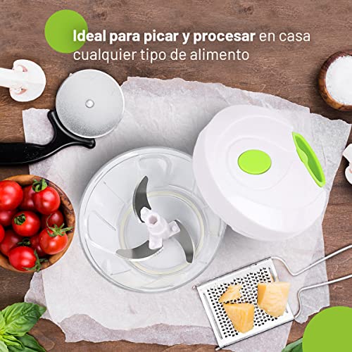 Picadora manual de alimentos con cuerda - Cuenta con 3 cuchillas en acero inoxidable - Para cortar y batir - Picador de verduras, cebolla, ajo, frutas, carne, frutos secos - 450 ml - WE HOUSEWARE