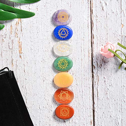 Piedras curativas naturales para chakras Hivexagon, juego de 7 piedras de preocupación con símbolos, cristales curativos de energía y reiki para meditación, concentración, crecimiento espiritual