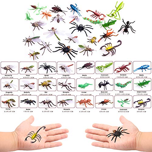 Pinowu Insecto Figuras de juguetepara niños (24 Piezas), 3-8 cm Realistas Figuras Incluyen Arañas Falsas, Cucarachas, Escorpiones, Grillos, Lady Bugs, Mantis y Gusanos para educacion favores Fiesta