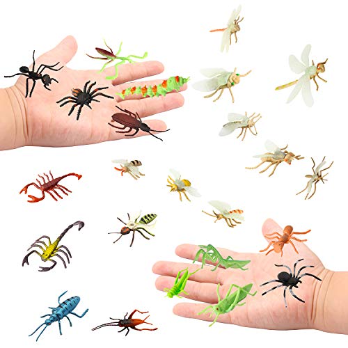 Pinowu Insecto Figuras de juguetepara niños (24 Piezas), 3-8 cm Realistas Figuras Incluyen Arañas Falsas, Cucarachas, Escorpiones, Grillos, Lady Bugs, Mantis y Gusanos para educacion favores Fiesta