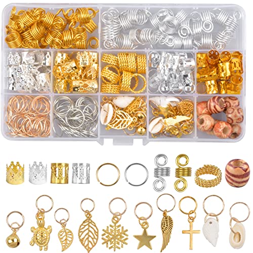 Pinsheng 238 piezas Dreadlocks Accesorios de decoración, Joyas para el Cabello Trenzas para el Cabello Anillos con Caja para Navidad año nuevo (Oro y Plata)