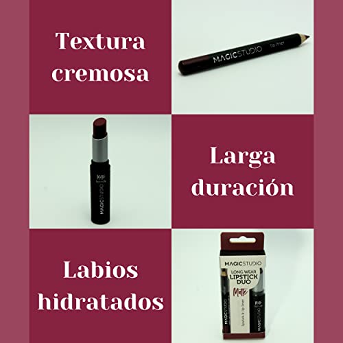 Pintalabios Mate Hidratante y Cremoso de Larga Duración en Barra con Perfilador Labial Del Mismo Tono. Barras de Labios En Colores Intensos Nude y Granate. Pintalabios Mujer. (Granate)