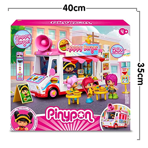 Pinypon - Happy Burger, playset Restaurante Food Truck Hamburguesas, Juguete con Posibilidades de Juego, 1 muñeco, Accesorios, y Compartimento para guardarlos, Desde 4 años, Famosa (700017210)