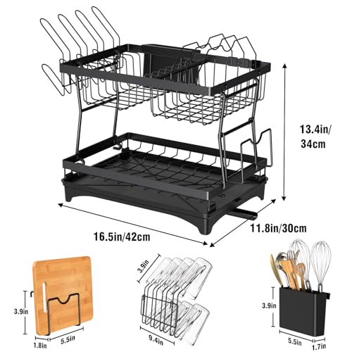 PKBD Escurridor de Platos Grande de 2 Niveles,Escurridor de Platos con Boquilla de Drenaje Giratoria 360°,Soporte para Tabla de Cortar,Soporte para Tazas,Soporte para Utensilios,Negro