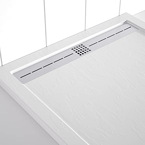 Plato de ducha Resina Shower Online FLOW - 70x120 - Textura Pizarra - Antideslizante - Blanco RAL 9003 - Incluye Rejilla Inox y Sifón - Todas las medidas disponibles