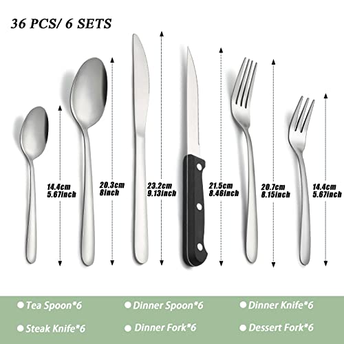 Pleafind Cubiertos, 36 piezas juego de cubiertos para 6 personas, cuberteria acero inoxidable, cuberteria plateados que incluyen cuchara, cuchillo, tenedor,cuchillo de carne, apto para lavavajillas