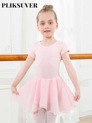 PLIKSUVER Vestido de Ballet para Niñas Manga Corta Maillot de Danza con Falda de Gasa