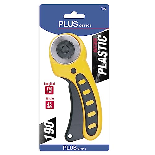 Plus Office - Cutter Profesional Giratorio 190, Cortador Rotatorio con cuchilla Circular de Acero Fracturable, 17 cm, Retráctil con Sistema de Bloqueo - Color Amarillo y Negro