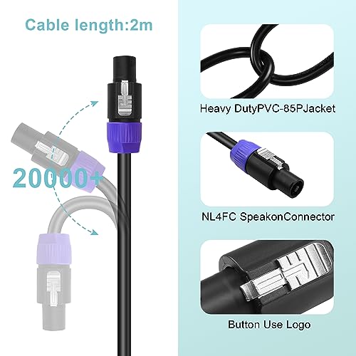 PNGKNYOCN Cable speakon a speakon, cable amplificador de audio profesional público a público para altavoces nl2fc de 2 Pines 12awg (2m / 6.6ft)