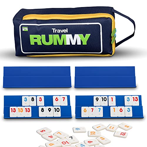 Point Games Mini Travel Rummy con 106 fichas y cuatro racks de juego exclusivos de 2 niveles en una bolsa de viaje súper duradera, color blue & white (2042) , color/modelo surtido