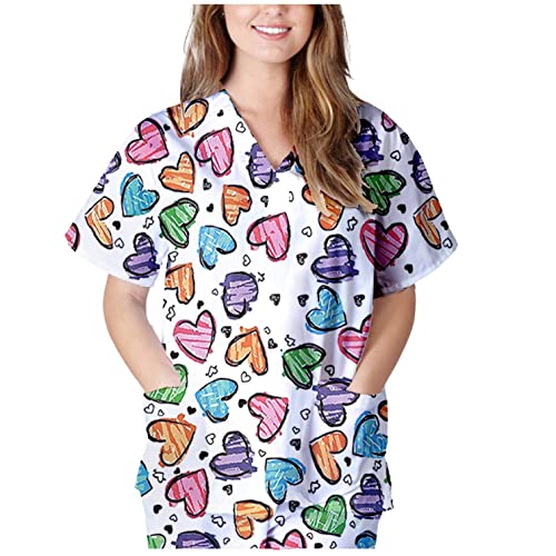 POLPqeD Trabajadores de Cuidado Mujer Casual Camiseta Manga Corta Cuello V Casacas Sanitarias de Estampado para Dentistas,Médicos y Veterinarios Camisa Señora Uniforme de Trabajo,Multicolor, S (P0331)