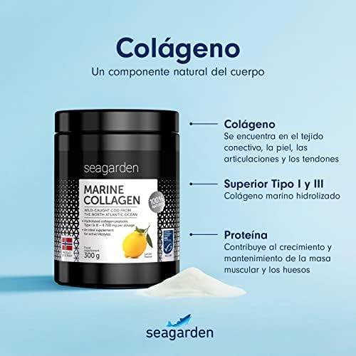 Polvo de colágeno marino puro noruego | Sabor a limón| Colágeno hidrolizado tipo I & III |de bacalao ártico salvaje | para la piel, cabello, uñas, tendones, músculos | 300 g.