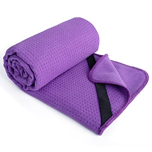 Polyte - Toalla Yoga Antideslizante, Toalla de Microfibra para Hot Yoga con Agarre de Silicona y Bandas Elásticas para un Ajuste Seguro, 61 x 183 cm (Púrpura)