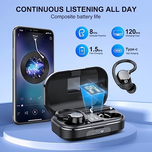 POMUIC Auriculares Inalámbricos Deportivos, 2023 Auriculares Bluetooth 5.3, 120H de Reproducción con Cancelacion Ruido ENC, Auriculares Inalambricos IPX7 Impermeable, Carga Rápida USB-C Pantalla LED