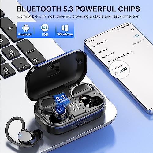 POMUIC Auriculares Inalámbricos Deportivos, 2023 Auriculares Bluetooth 5.3, 120H de Reproducción con Cancelacion Ruido ENC, Auriculares Inalambricos IPX7 Impermeable, Carga Rápida USB-C Pantalla LED