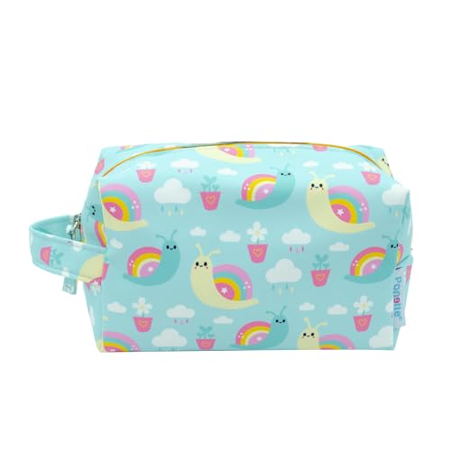 PONETTE - Neceser Infantil de Tejido Azul Turquesa con Divertido Estampado Multicolor de Caracoles Arcoíris, Macetas con Flor y Nubes con Lluvia, Viaje, Estuche, Bolsa, Colegio, Marca Española