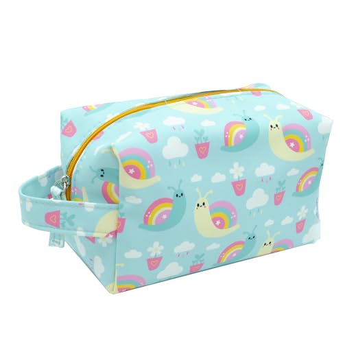 PONETTE - Neceser Infantil de Tejido Azul Turquesa con Divertido Estampado Multicolor de Caracoles Arcoíris, Macetas con Flor y Nubes con Lluvia, Viaje, Estuche, Bolsa, Colegio, Marca Española