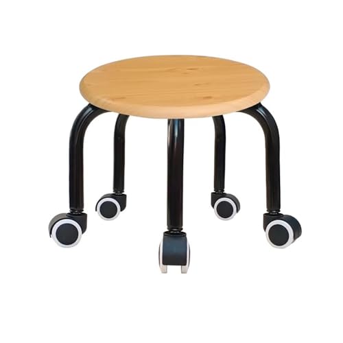 POPHOP Grano de Madera Taburete con Ruedas Pequeño, Taburete Giratorio de 360° con Ruedas,Taburete Giratorio Redondo, Taburete con Silla de Montar para casa de Alquiler - Negro/Blanco