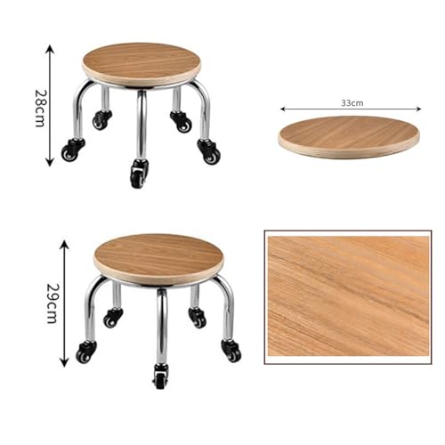 POPHOP Grano de Madera Taburete con Ruedas Pequeño, Taburete Giratorio de 360° con Ruedas,Taburete Giratorio Redondo, Taburete con Silla de Montar para casa de Alquiler - Negro/Blanco