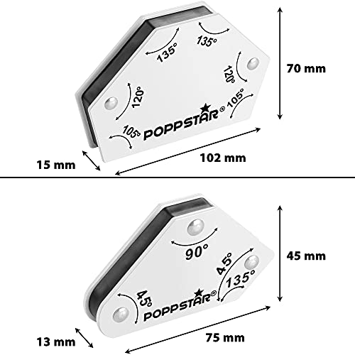 Poppstar Juego de escuadra magnetica para soldar (45°, 90°, 135°, 30°, 60°, 75°) 2 imanes soldadura pequeños, 2 en forma de flecha, 2 imanes grandes