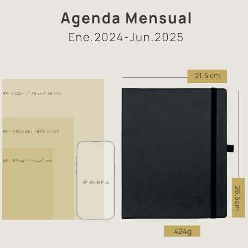 POPRUN Agenda 2024 Mensual 26,5 x 21 5 cm, Planificador 2024 18 Meses de Ene.2024 - Jun.25, Tapa Blanda, Cuero Vegano y Papel FSC®, Verde Pacífico