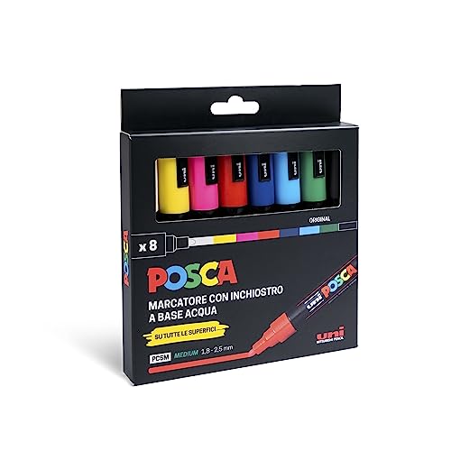 Posca UniPosca - Juego de 8 rotuladores acrílicos surtidos, multicolor de punta redonda media de 2,5 mm - para niños y artistas, para telas, madera, vidrio y otras superficies