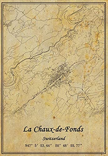 Póster de Suiza La Chaux-de-Fonds, diseño de mapa de la pared con impresión en lienzo de estilo vintage, sin marco, regalo de decoración de 20 x 35 cm