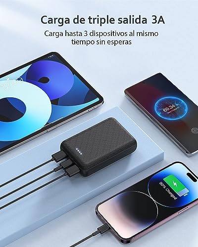 POSUGEAR PowerBank 10000mAh, Bateria Externa Movil, Cargador Portatil Mini, con 2 USB+1 TYPEC Salidas 3A, Compatible con iPhone, Samsung, Huawei, iPad, etc (Negro)