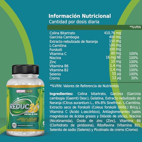 Potente quemagrasas Termogenico | A base de Garcinia Cambogia + L-Carnitina + Colina bitartrato | Estimula el metabolismo| Reduce el apetito | 60 Caps.