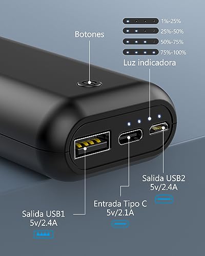 Powerbank 10000mAh, Mini batería Externa portátil con Salida Dual de 5V / 2.4A, práctico Banco de energía con Cable, batería Externa Ligera para, Samsung Galaxy, Huawei