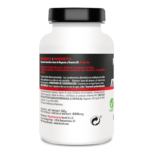 POWERGYM | Magnesium 60 Cápsulas evita Calambres y Lesiones – Magnesio Descontracturante, Defatigante y Optimizador energético - Magnesio alta absorción potenciado con Vitamina B6