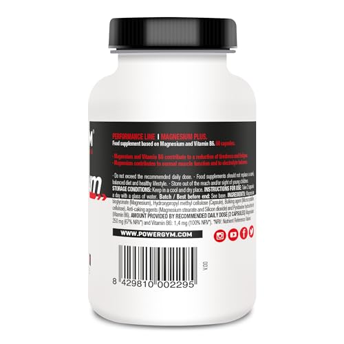 POWERGYM | Magnesium 60 Cápsulas evita Calambres y Lesiones – Magnesio Descontracturante, Defatigante y Optimizador energético - Magnesio alta absorción potenciado con Vitamina B6