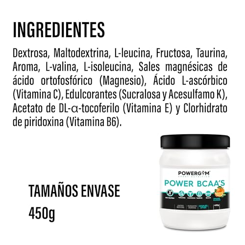 POWERGYM | POWER BCAA’S 450 g Sabor Orange Fórmula avanzada de Aminoácidos Ramificados – Favorece la recuperación muscular – Con Taurina y Vitamina B6 – Sin Gluten