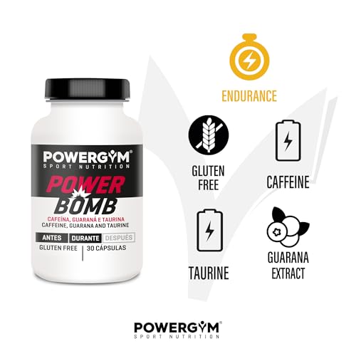 POWERGYM | Powerbomb 30 Cápsulas - Energía de alto octanaje al instante ¡¡ENTRENA MÁS DURO Y AUMENTA TU RESISTENCIA!! Con taurina, cafeína, l-carnitina y guaraná - Powerbomb Sin Gluten