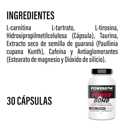 POWERGYM | Powerbomb 30 Cápsulas - Energía de alto octanaje al instante ¡¡ENTRENA MÁS DURO Y AUMENTA TU RESISTENCIA!! Con taurina, cafeína, l-carnitina y guaraná - Powerbomb Sin Gluten