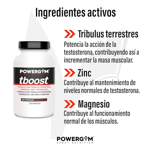 POWERGYM | Tboost 120 Cápsulas Potenciador muscular natural, mejora el crecimiento y recuperación muscular – Formula con tribulus terrestris, magnesio, zinc y vitamina B6