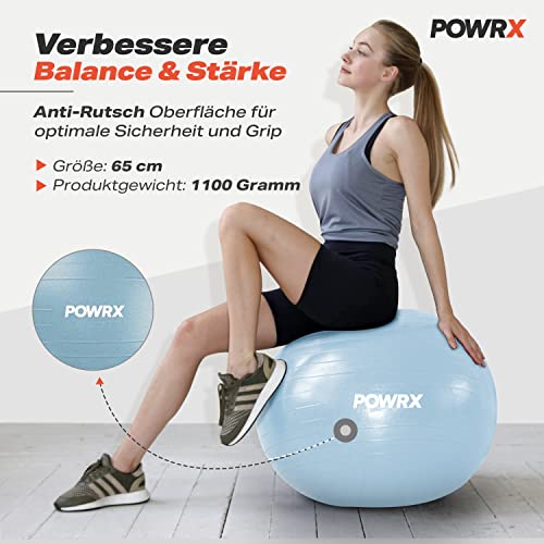 POWRX Pelota de Ejercicio 55-95 cm - Balón Ideal para Gimnasia, Yoga y Pilates - Anti-explosión con hinchador Incluido - Tamaño y Color a Elegir + PDF Workout (Azul Claro, 65 cm)