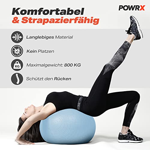 POWRX Pelota de Ejercicio 55-95 cm - Balón Ideal para Gimnasia, Yoga y Pilates - Anti-explosión con hinchador Incluido - Tamaño y Color a Elegir + PDF Workout (Azul Claro, 65 cm)