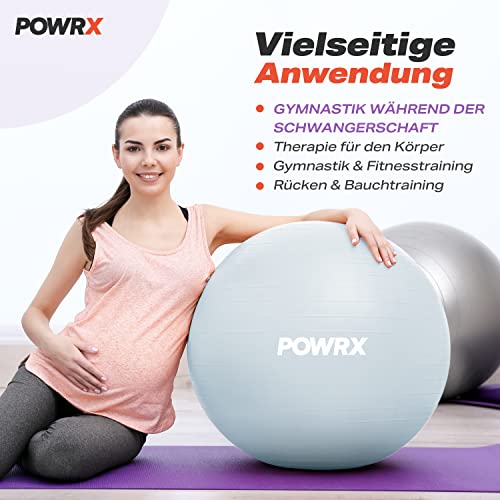 POWRX Pelota de Ejercicio 55-95 cm - Balón Ideal para Gimnasia, Yoga y Pilates - Anti-explosión con hinchador Incluido - Tamaño y Color a Elegir + PDF Workout (Azul Claro, 65 cm)