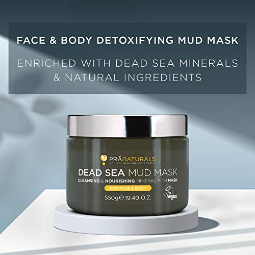 PraNaturals 550g Mascarilla Facial y Corporal 100% Natural y Orgánica con Barro del Mar Muerto, Rica en Minerales Nutritivos, Hidrata y Desintoxica la Piel, Exfolia Células Muertas de la Piel